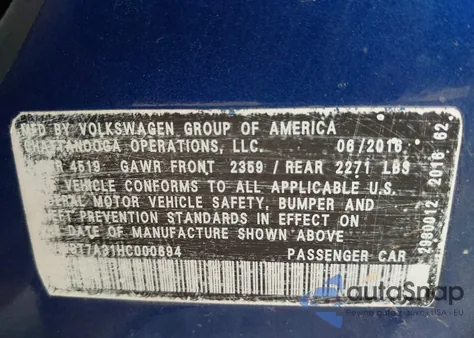 2017 Volkswagen Passat 1.8T Se z USA, uszkodzony, nr VIN 1VWBT7A31HC000694